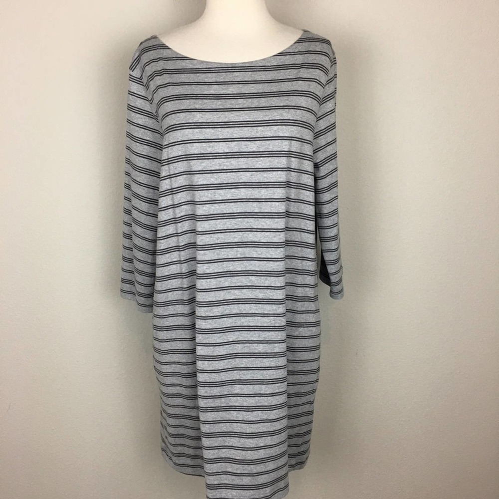 Garnet Hill Gray and Black Striped Long Sleeve Dress